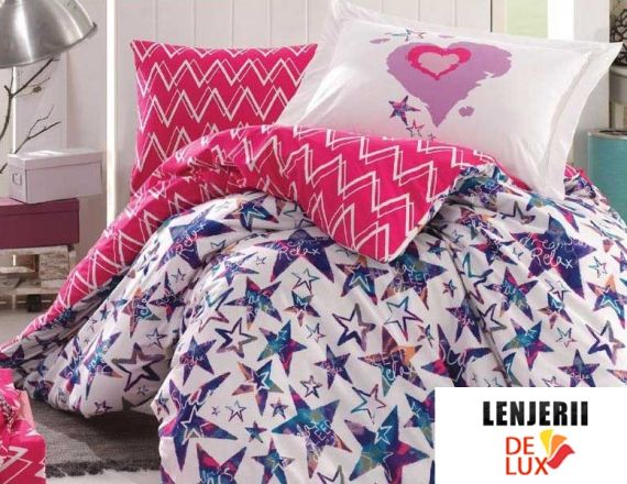 Lenjerie de pat 1 persoana alb cu roz din bumbac 100% poplin Carmen Fucsia formata din 3 piese