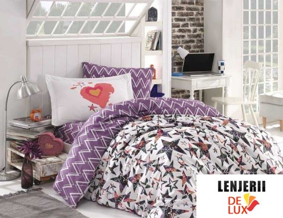 Lenjerie de pat 1 persoana alb cu mov din bumbac 100% poplin Carmen Lilac formata din 3 piese