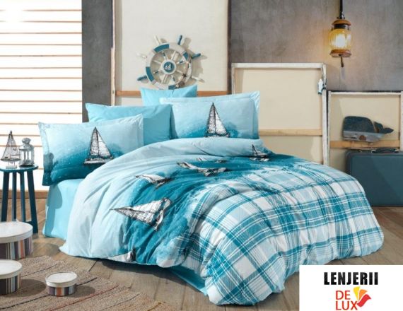 Lenjerie de pat 1 persoana albastra din bumbac 100% poplin Maritim Mavi formata din 3 piese