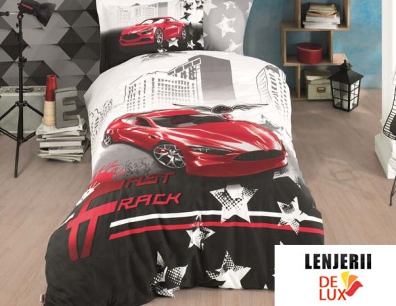 Lenjerie de pat 1 persoana din bumbac 100% poplin Fast Track Red formata din 3 piese