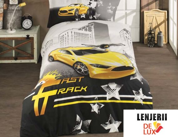 Lenjerie de pat 1 persoana din bumbac 100% poplin Fast Track Yellow formata din 3 piese