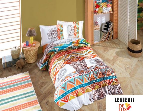 Lenjerie de pat 1 persoana din bumbac 100% poplin Mandala formata din 3 piese