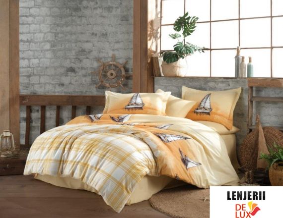 Lenjerie de pat 1 persoana din bumbac 100% poplin Maritim Yellow formata din 3 piese