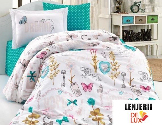 Lenjerie de pat 1 persoana din bumbac 100% poplin Rosella Turqoise formata din 3 piese