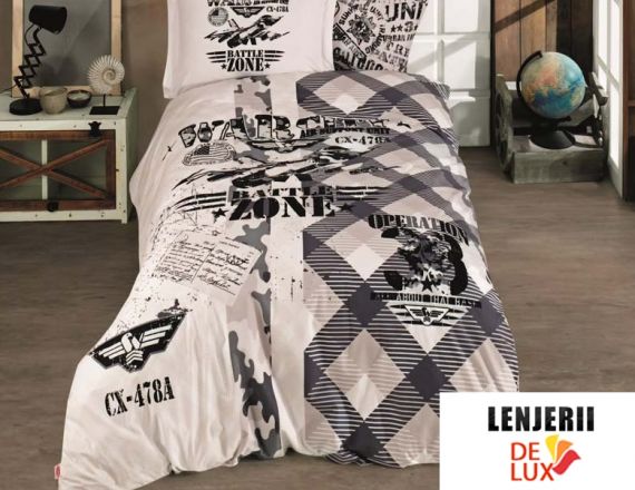 Lenjerie de pat 1 persoana din bumbac 100% poplin Sky Force formata din 3 piese