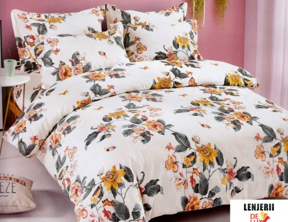 Lenjerie de pat alba cu imprimeu floral din bumbac tip finet pentru 1 persoana