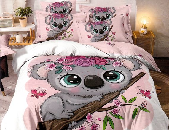 Lenjerie de pat pentru copii din finet cu urs koala formata din 6 piese