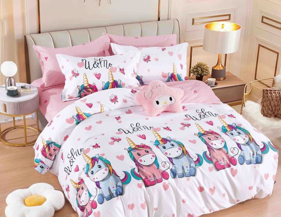 Lenjerie de pat pentru copii cu unicorni colorati formata din 6 piese