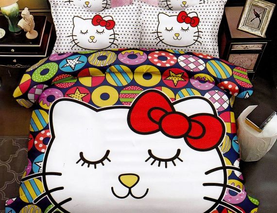 Lenjerie de pat pentru copii premium din finet cu Hello Kitty formata din 6 piese